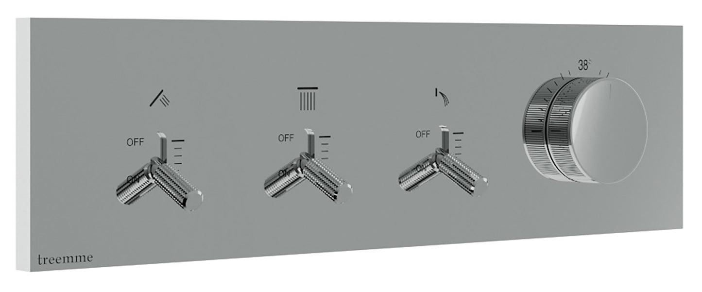 Rubinetterie Treemme 3M Watt RWIT 2B90 CC 01 + RWIT 2B90 ZZ 30 Miscelatore Doccia Meccanico Monocomando Incasso 3 Uscite Parete 4 Fori Parte Interna Esterna Incluse Stile Moderno Con Piastra Materiale Ottone Finitura Cromata