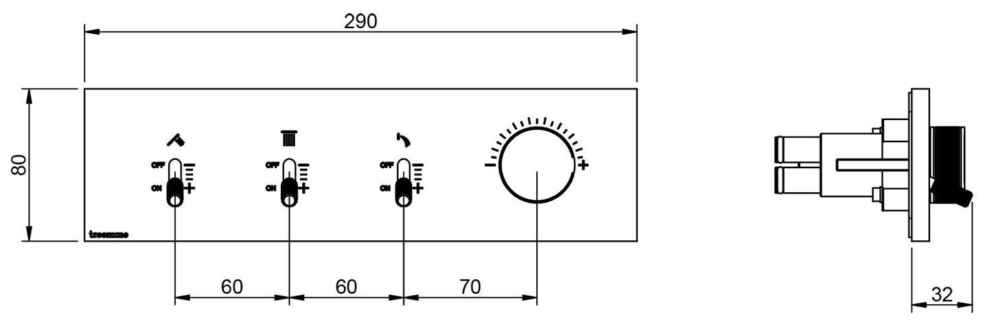 Rubinetterie Treemme 3M Watt RWIT 2B90 CC 01 + RWIT 2B90 ZZ 30 Miscelatore Doccia Meccanico Monocomando Incasso 3 Uscite Parete 4 Fori Parte Interna Esterna Incluse Stile Moderno Con Piastra Materiale Ottone Finitura Cromata
