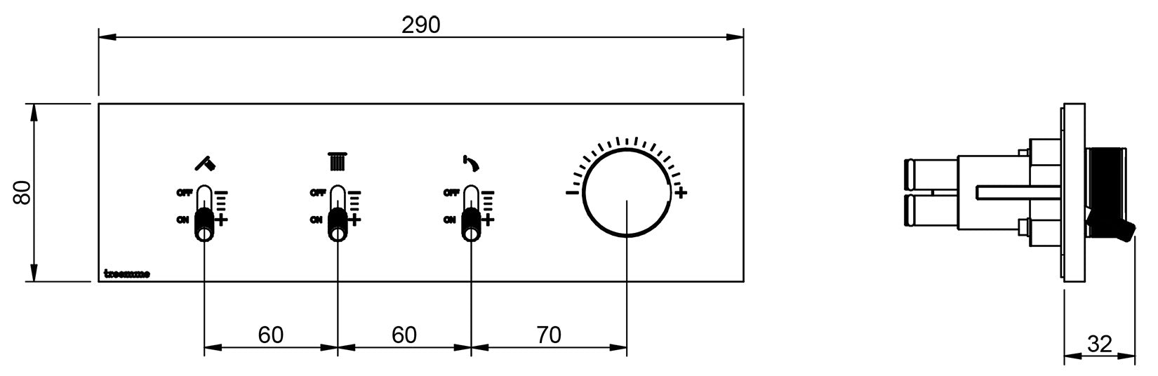 Rubinetterie Treemme 3M Watt RWIT 2B90 CC 01 + RWIT 2B90 ZZ 30 Miscelatore Doccia Meccanico Monocomando Incasso 3 Uscite Parete 4 Fori Parte Interna Esterna Incluse Stile Moderno Con Piastra Materiale Ottone Finitura Cromata