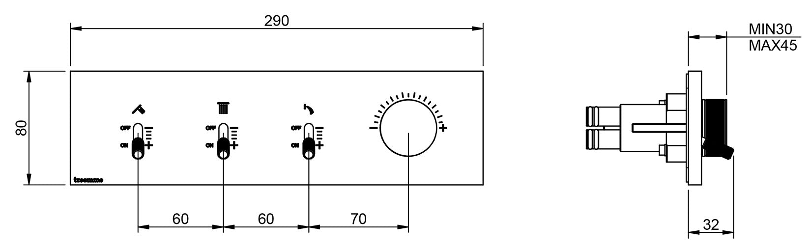 Rubinetterie Treemme 3M Watt RWIT 2B90 IS 01 + RWIT 2B90 ZZ 30 Miscelatore Doccia Meccanico Monocomando Incasso Parete 1 Manopola 3 Uscite 4 Fori Stile Moderno Con Piastra Materiale Acciaio Finitura Inox Spazzolato Opaco Parte Interna Esterna Incluse