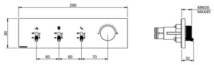 Rubinetterie Treemme 3M Watt RWIT 2B90 IS 01 + RWIT 2B90 ZZ 30 Miscelatore Doccia Meccanico Monocomando Incasso Parete 1 Manopola 3 Uscite 4 Fori Stile Moderno Con Piastra Materiale Acciaio Finitura Inox Spazzolato Opaco Parte Interna Esterna Incluse