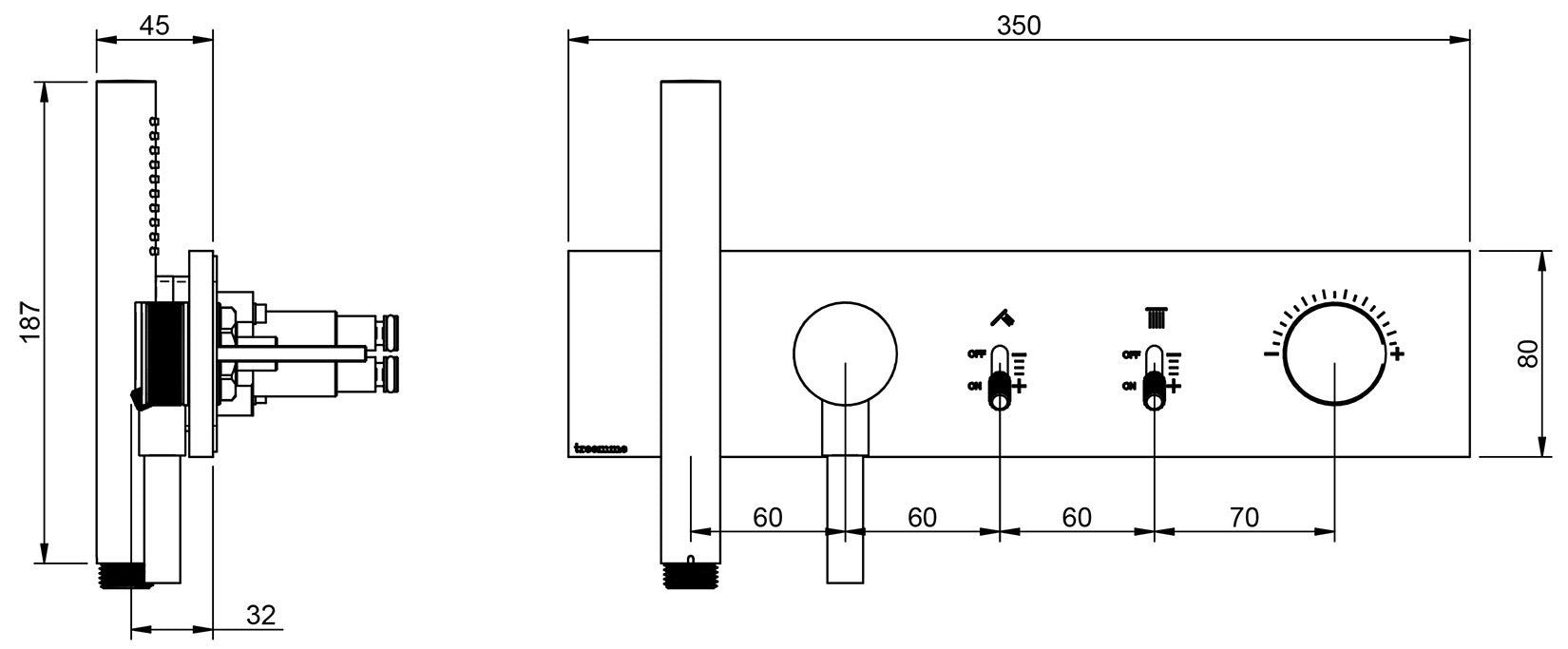 Rubinetterie Treemme 3M Watt RWIT 2B91 CC 01 + RWIT 2B91 ZZ 30 Miscelatore Doccia Meccanico Monocomando Incasso 2 Uscite Parete 5 Fori Con Doccetta e Flessibile Parte Interna Esterna Incluse Stile Moderno Con Piastra Materiale Ottone Finitura Cromata