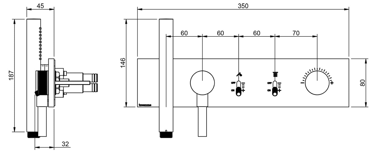 Rubinetterie Treemme 3M Watt RWIT 2B91 IS 01 + RWIT 2B91 ZZ 30 Miscelatore Doccia Meccanico Monocomando Incasso Parete 2 Uscite 5 Fori Stile Moderno Con Piastra Acciaio Inox Spazzolato Opaco Doccetta Metallo Flessibile PVC Parte Interna Esterna Incluse