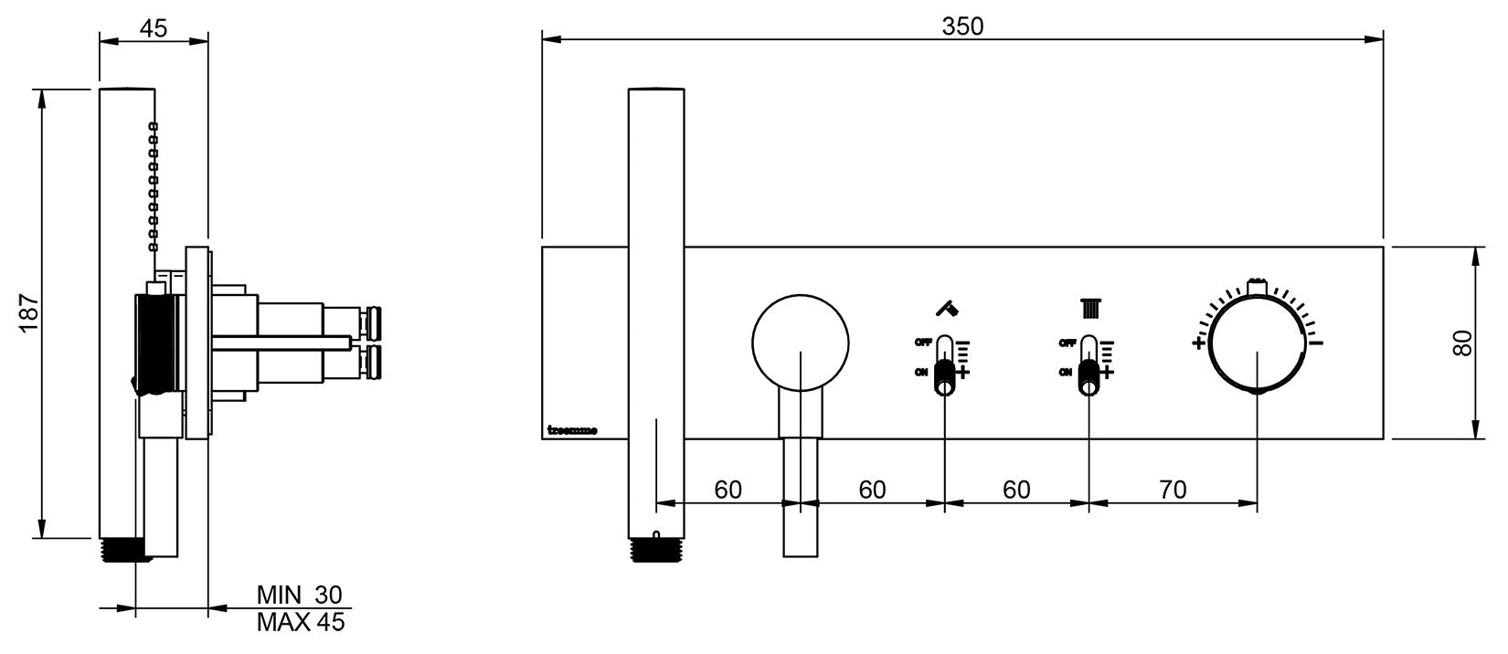 Rubinetterie Treemme 3M Watt RWIT 2B92 CC 01 + RWIT 2B92 ZZ 30 Miscelatore Doccia Termostatico Monocomando Incasso 2 Uscite Parete 5 Fori Con Doccetta e Flessibile Parte Interna Esterna Incluse Stile Moderno Con Piastra Materiale Ottone Finitura Cromata
