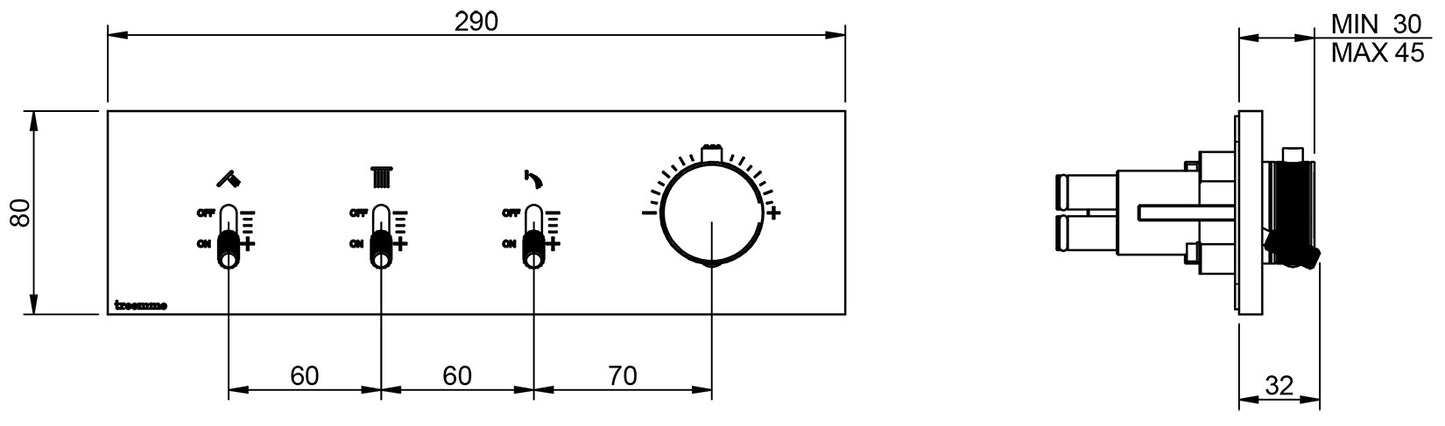 Rubinetterie Treemme 3M Watt RWIT 2B94 CC 01 + RWIT 2B94 ZZ 30 Miscelatore Doccia Termostatico Monocomando Incasso 3 Uscite Parete 4 Fori Parte Interna Esterna Incluse Stile Moderno Con Piastra Materiale Ottone Finitura Cromata