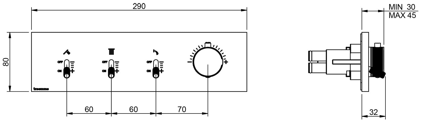 Rubinetterie Treemme 3M Watt RWIT 2B94 CC 01 + RWIT 2B94 ZZ 30 Miscelatore Doccia Termostatico Monocomando Incasso 3 Uscite Parete 4 Fori Parte Interna Esterna Incluse Stile Moderno Con Piastra Materiale Ottone Finitura Cromata