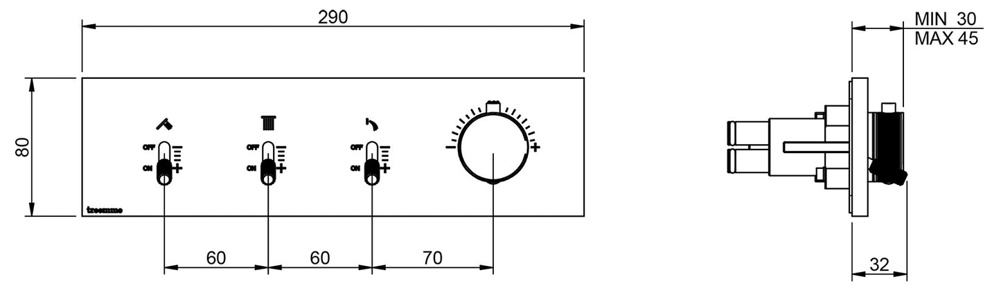 Rubinetterie Treemme 3M Watt RWIT 2B94 IS 01 + RWIT 2B94 ZZ 30 Miscelatore Doccia Termostatico Monocomando Incasso Parete 1 Manopola 3 Uscite 4 Fori Stile Moderno Con Piastra Materiale Acciaio Finitura Inox Spazzolato Opaco Parte Interna Esterna Incluse