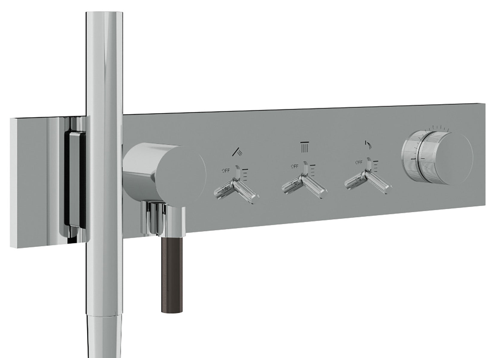 Rubinetterie Treemme 3M Watt RWIT 2B97 CC 01 + RWIT 2B97 ZZ 30 Miscelatore Doccia Meccanico Monocomando Incasso 3 Uscite Parete 6 Fori Con Doccetta e Flessibile Parte Interna Esterna Incluse Stile Moderno Con Piastra Materiale Ottone Finitura Cromata