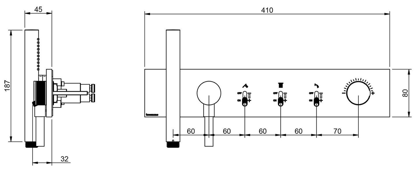 Rubinetterie Treemme 3M Watt RWIT 2B97 CC 01 + RWIT 2B97 ZZ 30 Miscelatore Doccia Meccanico Monocomando Incasso 3 Uscite Parete 6 Fori Con Doccetta e Flessibile Parte Interna Esterna Incluse Stile Moderno Con Piastra Materiale Ottone Finitura Cromata