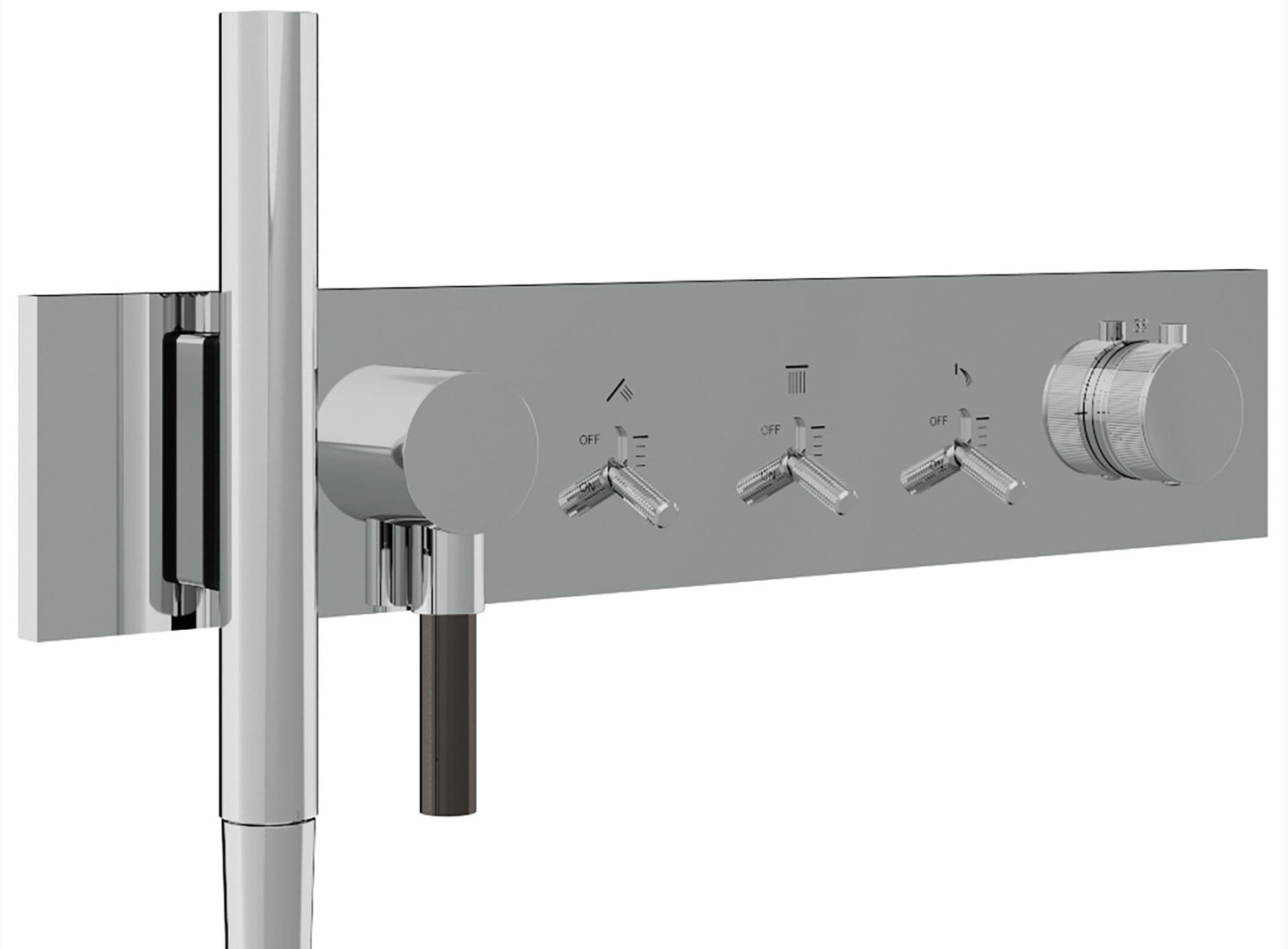 Rubinetterie Treemme 3M Watt RWIT 2B98 CC 01 + RWIT 2B98 ZZ 30 Miscelatore Doccia Termostatico Monocomando Incasso 3 Uscite Parete 6 Fori Con Doccetta e Flessibile Parte Interna Esterna Incluse Stile Moderno Con Piastra Materiale Ottone Finitura Cromata