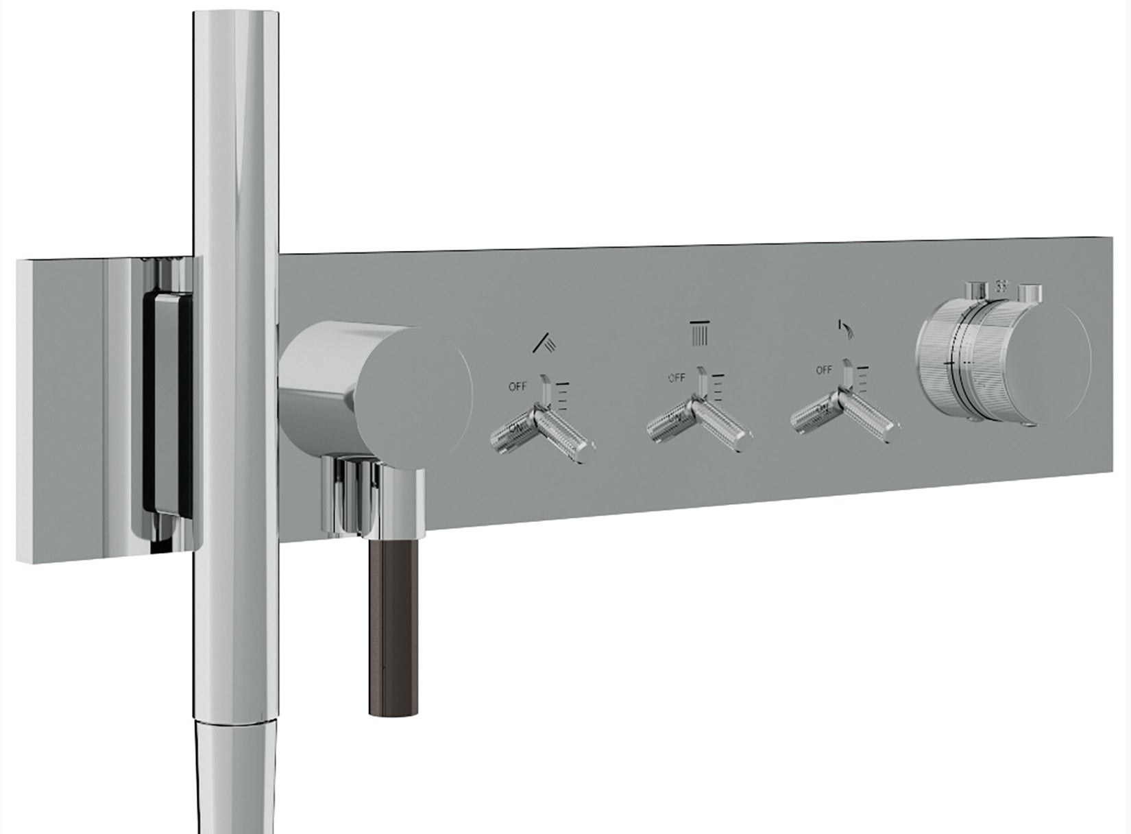 Rubinetterie Treemme 3M Watt RWIT 2B98 CC 01 + RWIT 2B98 ZZ 30 Miscelatore Doccia Termostatico Monocomando Incasso 3 Uscite Parete 6 Fori Con Doccetta e Flessibile Parte Interna Esterna Incluse Stile Moderno Con Piastra Materiale Ottone Finitura Cromata