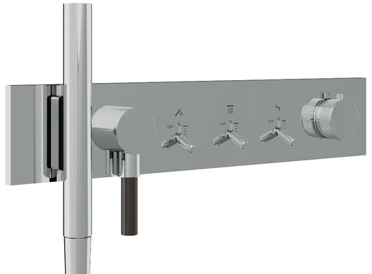 Rubinetterie Treemme 3M Watt RWIT 2B98 CC 01 + RWIT 2B98 ZZ 30 Miscelatore Doccia Termostatico Monocomando Incasso 3 Uscite Parete 6 Fori Con Doccetta e Flessibile Parte Interna Esterna Incluse Stile Moderno Con Piastra Materiale Ottone Finitura Cromata