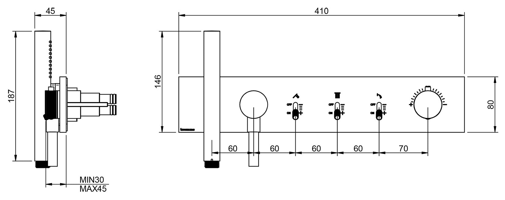 Rubinetterie Treemme 3M Watt RWIT 2B98 IS 01 + RWIT 2B98 ZZ 30 Miscelatore Doccia Termostatico Monocomando Incasso Parete 3 Uscite 6 Fori Stile Moderno Con Piastra Acciaio Inox Spazzolato Opaco Doccetta Metallo Flessibile PVC Parte Interna Esterna Incluse