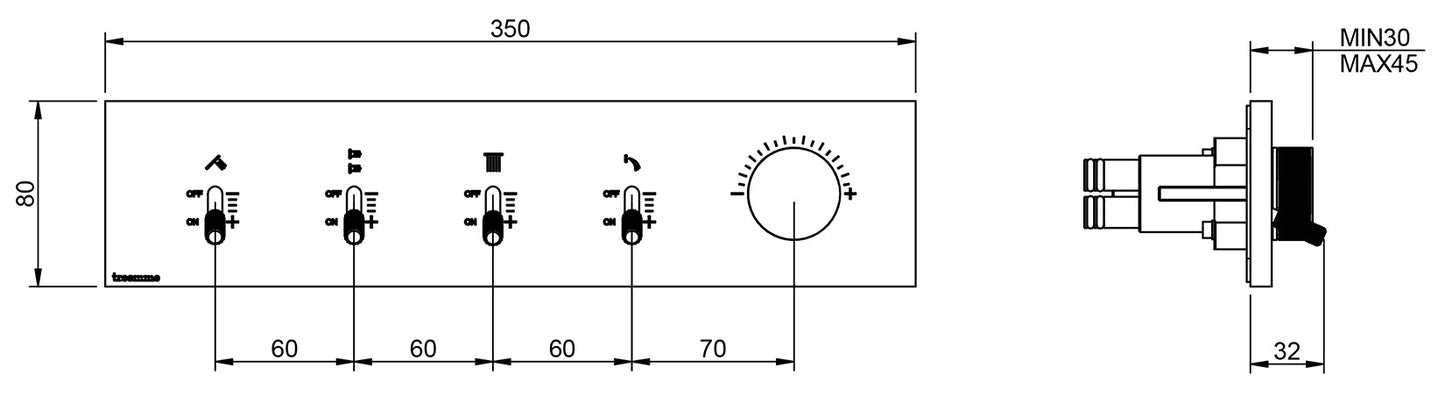 Rubinetterie Treemme 3M Watt RWIT 2BE4 IS 01 + RWIT 2BE4 ZZ 30 Miscelatore Doccia Meccanico Monocomando Incasso Parete 1 Manopola 4 Uscite 5 Fori Stile Moderno Con Piastra Materiale Acciaio Finitura Inox Spazzolato Opaco Parte Interna Esterna Incluse