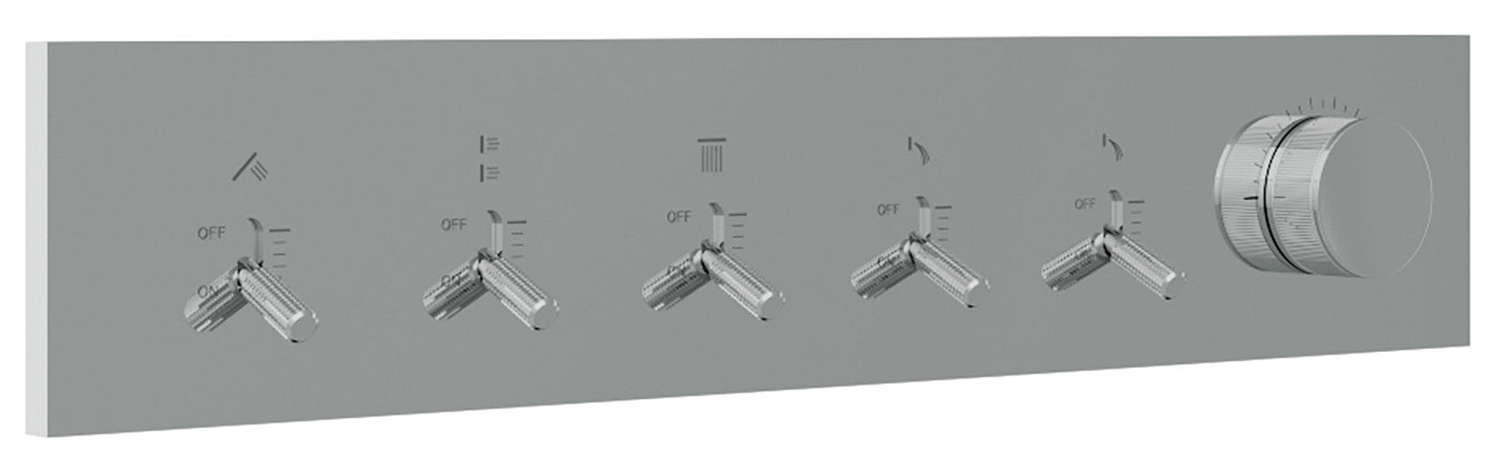 Rubinetterie Treemme 3M Watt RWIT 2BE5 CC 01 + RWIT 2BE5 ZZ 30 Miscelatore Doccia Meccanico Monocomando Incasso 5 Uscite Parete 6 Fori Parte Interna Esterna Incluse Stile Moderno Con Piastra Materiale Ottone Finitura Cromata