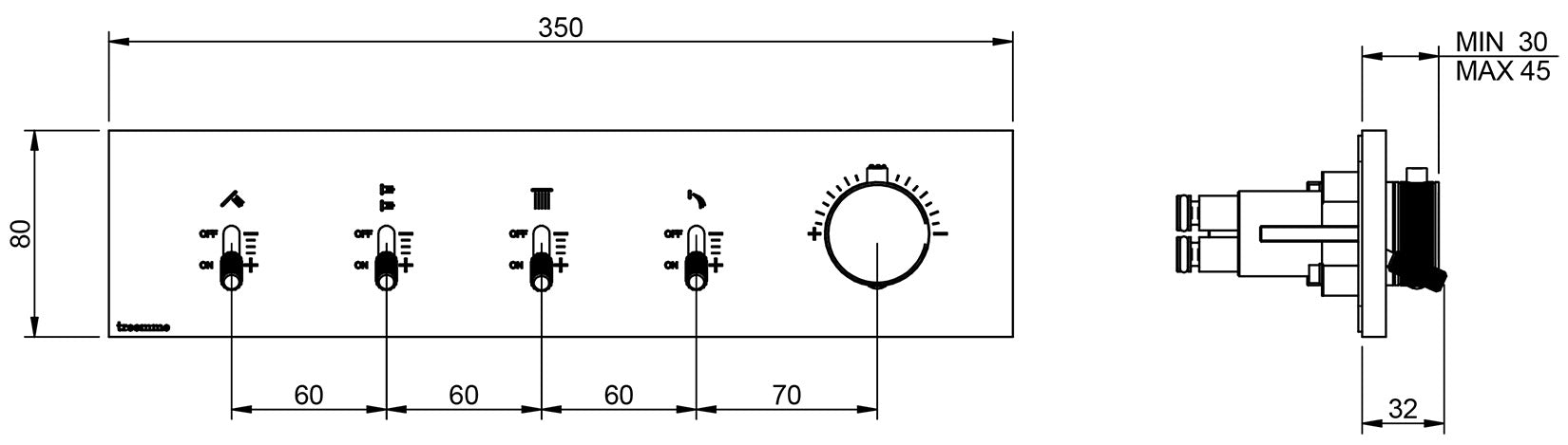 Rubinetterie Treemme 3M Watt RWIT 2BF4 CC 01 + RWIT 2BF4 ZZ 30 Miscelatore Doccia Termostatico Monocomando Incasso 4 Uscite Parete 5 Fori Parte Interna Esterna Incluse Stile Moderno Con Piastra Materiale Ottone Finitura Cromata