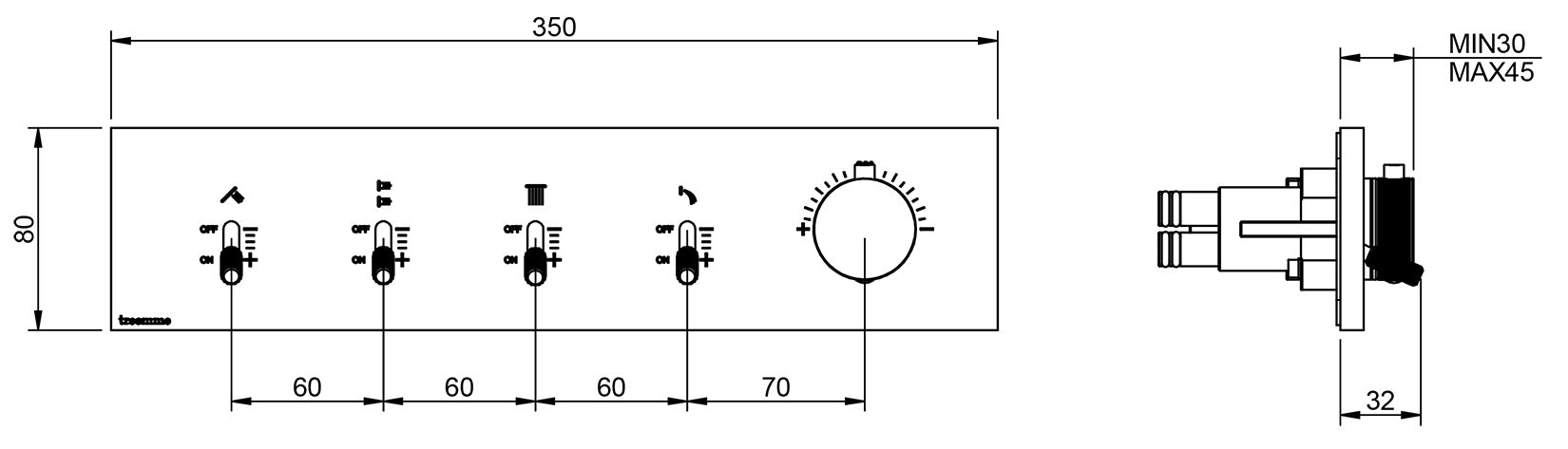 Rubinetterie Treemme 3M Watt RWIT 2BF4 IS 01 + RWIT 2BF4 ZZ 30 Miscelatore Doccia Termostatico Monocomando Incasso Parete 1 Manopola 4 Uscite 5 Fori Stile Moderno Con Piastra Materiale Acciaio Finitura Inox Spazzolato Opaco Parte Interna Esterna Incluse