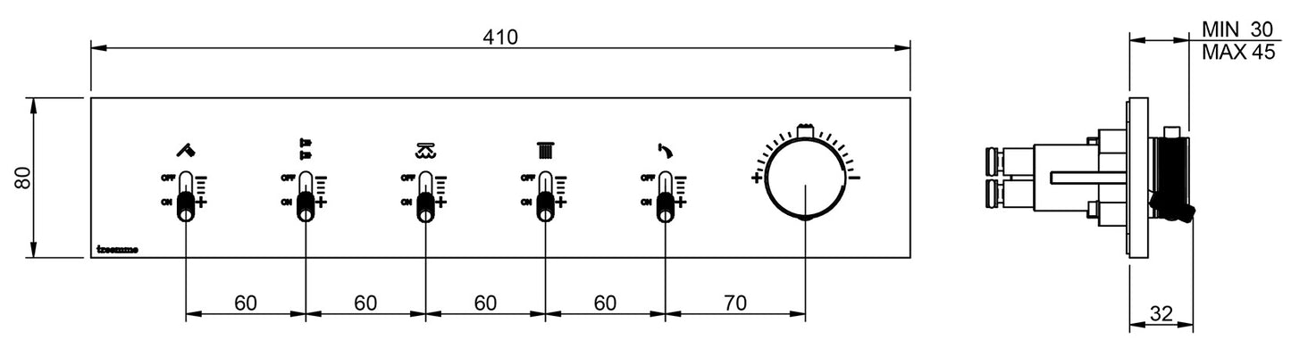 Rubinetterie Treemme 3M Watt RWIT 2BF5 CC 01 + RWIT 2BF5 ZZ 30 Miscelatore Doccia Termostatico Monocomando Incasso 5 Uscite Parete 6 Fori Parte Interna Esterna Incluse Stile Moderno Con Piastra Materiale Ottone Finitura Cromata