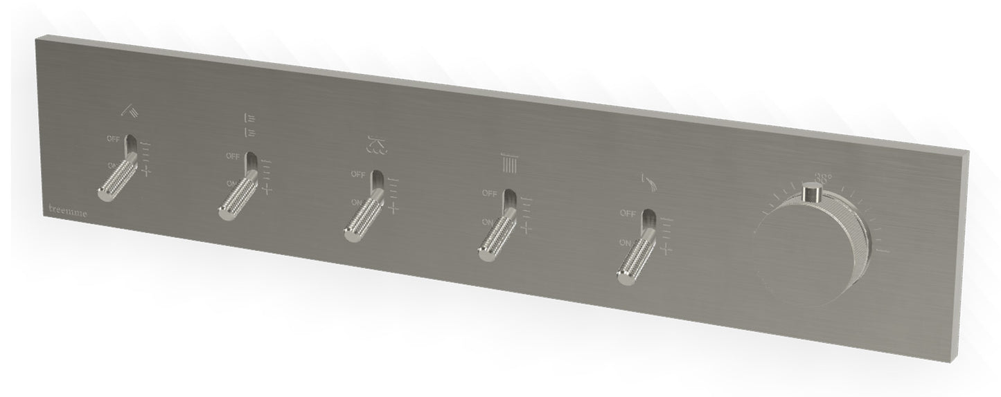 Rubinetterie Treemme 3M Watt RWIT 2BF5 IS 01 + RWIT 2BF5 ZZ 30 Miscelatore Doccia Termostatico Monocomando Incasso Parete 1 Manopola 5 Uscite 6 Fori Stile Moderno Con Piastra Materiale Acciaio Finitura Inox Spazzolato Opaco Parte Interna Esterna Incluse