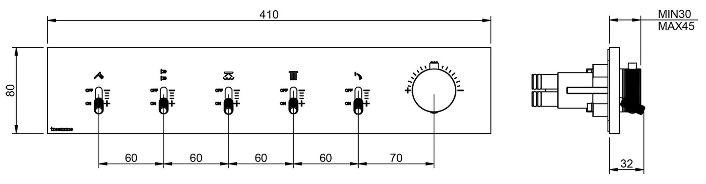 Rubinetterie Treemme 3M Watt RWIT 2BF5 IS 01 + RWIT 2BF5 ZZ 30 Miscelatore Doccia Termostatico Monocomando Incasso Parete 1 Manopola 5 Uscite 6 Fori Stile Moderno Con Piastra Materiale Acciaio Finitura Inox Spazzolato Opaco Parte Interna Esterna Incluse