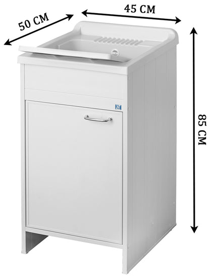 Negrari Kit Garden Mobile Lavatoio Lavapanni Casa Misura L45P50H85 45x50 H85CM Bianco Kit Montaggio Lavanderia Bagno Anta Sportello Battente Interno Esterno Pilozzo Vasca Asse Lavaggio Lavabo Plastica Resina PVC Sifone Autopulente Resistente Acqua Umidità