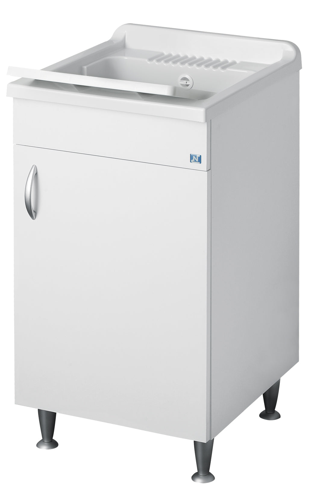 Negrari Eco Lavatoio Bianco Misura 45x50 L45 P50 H85 CM Lavapanni Interno Bagno Lavanderia Base Nobilitato Idrofugo Legno Vasca Lavabo Lavandino Lavello Resina Plastica Asse PP Sifone Piedini Regolabili Ante Sportelli Battenti Economico Qualità Medio Alta