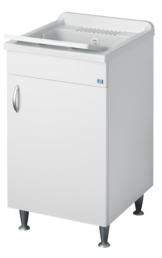 Negrari Eco Bianco Lavatoio Misura 45x60 L45 P60 H85 CM Lavapanni Interno Bagno Lavanderia Base Nobilitato Idrofugo Legno Vasca Lavabo Lavandino Lavello Resina Plastica Asse PP Sifone Piedini Regolabili Ante Sportelli Battenti Economico Qualità Medio Alta