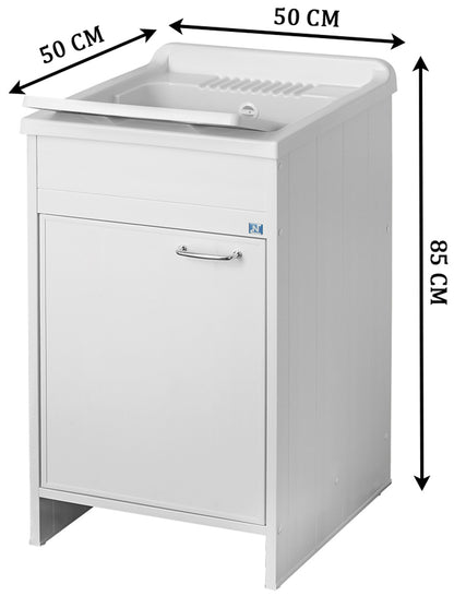 Negrari Kit Garden Mobile Lavatoio Lavapanni Casa Misura L50P50H85 50x50 H85CM Bianco Kit Montaggio Lavanderia Bagno Anta Sportello Battente Interno Esterno Pilozzo Vasca Asse Lavaggio Lavabo Plastica Resina PVC Sifone Autopulente Resistente Acqua Umidità