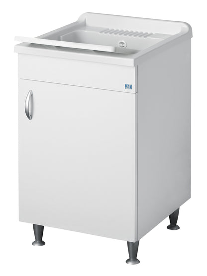 Negrari Eco Lavatoio Bianco Misura 50x50 L50 P50 H85 CM Lavapanni Interno Bagno Lavanderia Base Nobilitato Idrofugo Legno Vasca Lavabo Lavandino Lavello Resina Plastica Asse PP Sifone Piedini Regolabili Ante Sportelli Battenti Economico Qualità Medio Alta