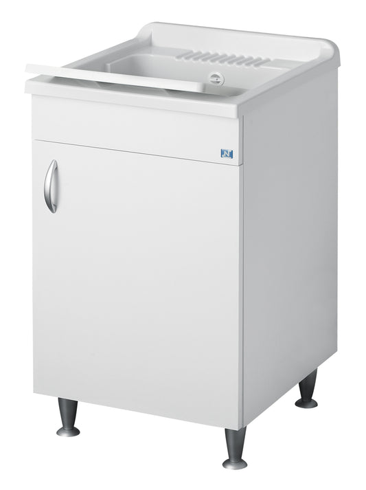 Negrari Eco Lavatoio Bianco Misura 50x50 L50 P50 H85 CM Lavapanni Interno Bagno Lavanderia Base Nobilitato Idrofugo Legno Vasca Lavabo Lavandino Lavello Resina Plastica Asse PP Sifone Piedini Regolabili Ante Sportelli Battenti Economico Qualità Medio Alta