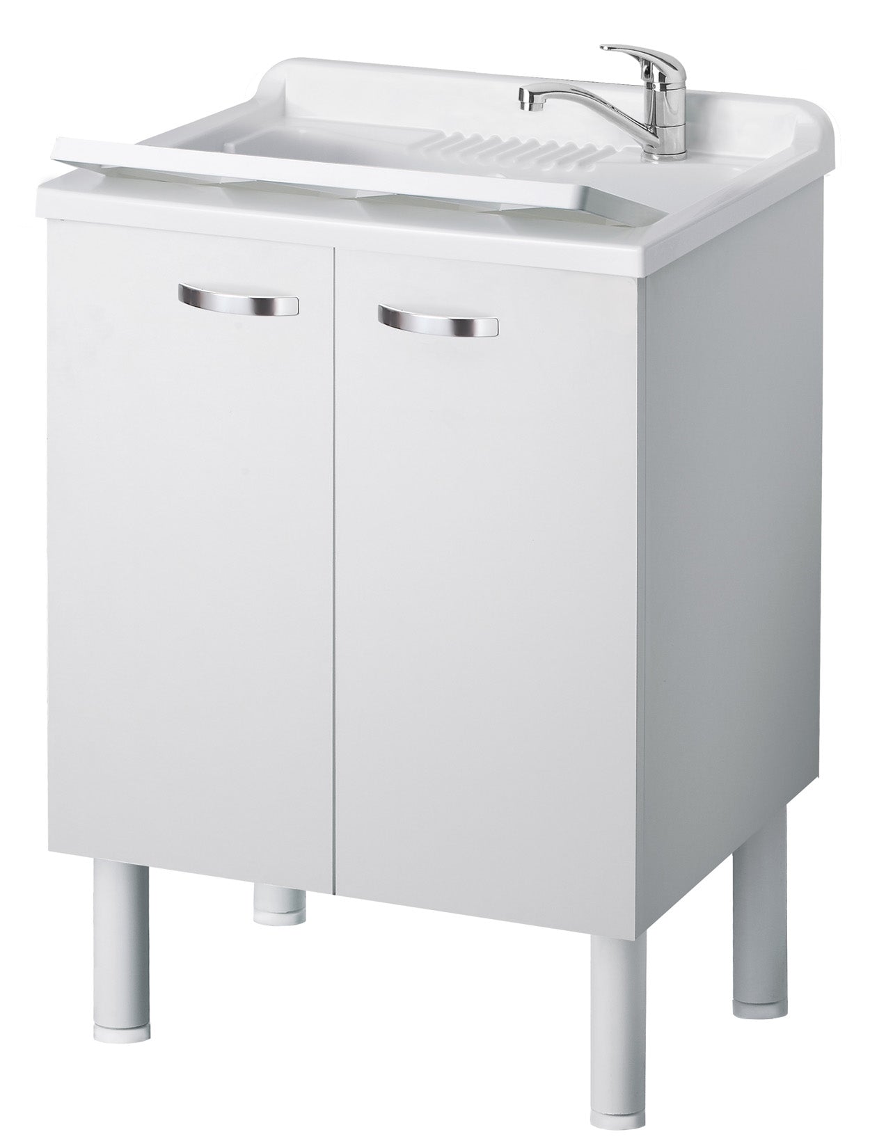 Negrari Arcobaleno Lavatoio per Interno Misura 60x50 L60 P50 H85 cm Colore Bianco Mobile Nobilitato Idrofugo Legno Sportelli Squadrati Vasca in Resina Asse Lavaggio in Polipropilene Sifone Autopulente Completo di Troppopieno Piedini Regolabili in Altezza