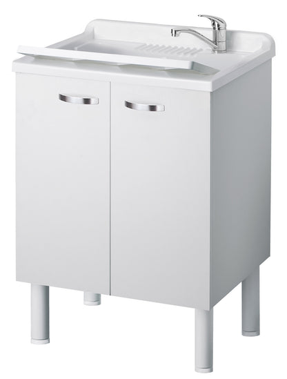 Negrari Arcobaleno Lavatoio per Interno Misura 60x50 L60 P50 H85 cm Colore Bianco Mobile Nobilitato Idrofugo Legno Sportelli Squadrati Vasca in Resina Asse Lavaggio in Polipropilene Sifone Autopulente Completo di Troppopieno Piedini Regolabili in Altezza