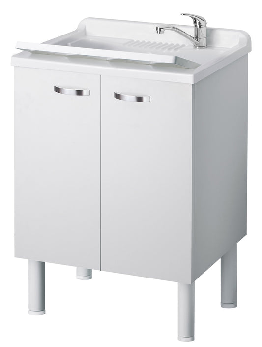 Negrari Arcobaleno Lavatoio per Interno Misura 60x50 L60 P50 H85 cm Colore Bianco Mobile Nobilitato Idrofugo Legno Sportelli Squadrati Vasca in Resina Asse Lavaggio in Polipropilene Sifone Autopulente Completo di Troppopieno Piedini Regolabili in Altezza