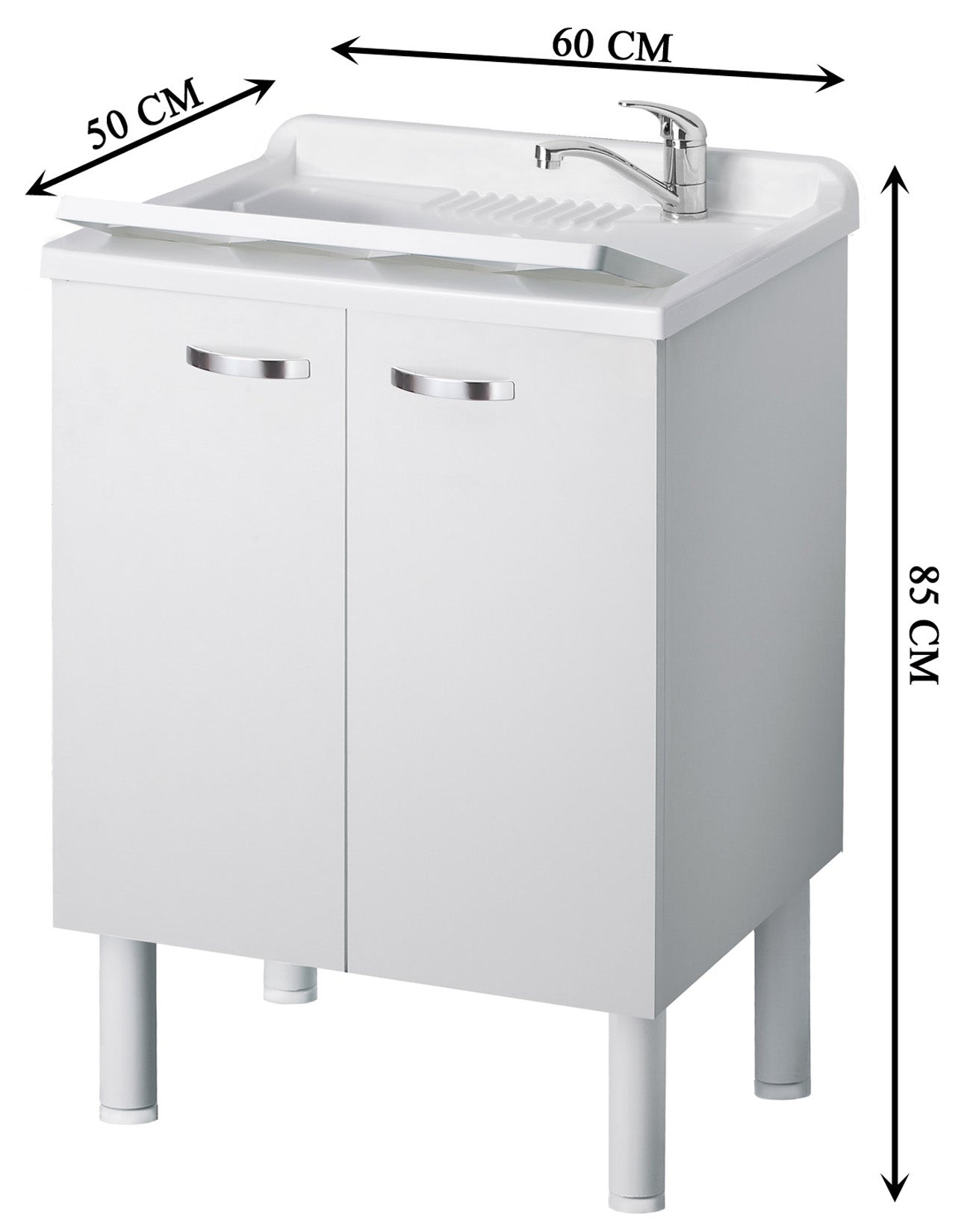 Negrari Arcobaleno Lavatoio per Interno Misura 60x50 L60 P50 H85 cm Colore Bianco Mobile Nobilitato Idrofugo Legno Sportelli Squadrati Vasca in Resina Asse Lavaggio in Polipropilene Sifone Autopulente Completo di Troppopieno Piedini Regolabili in Altezza