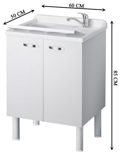 Negrari Arcobaleno Lavatoio per Interno Misura 60x50 L60 P50 H85 cm Colore Bianco Mobile Nobilitato Idrofugo Legno Sportelli Squadrati Vasca in Resina Asse Lavaggio in Polipropilene Sifone Autopulente Completo di Troppopieno Piedini Regolabili in Altezza