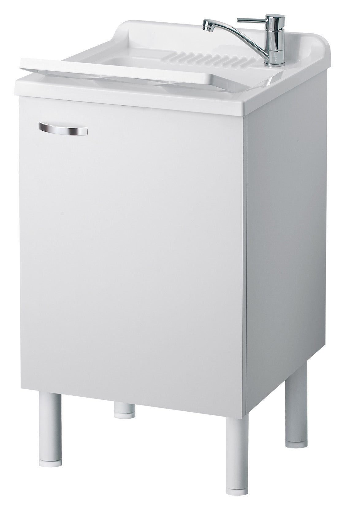 Negrari Arcobaleno Lavatoio per Interno Misura 50x50 L50 P50 H85 cm Colore Bianco Mobile Nobilitato Idrofugo Legno Sportelli Squadrati Vasca in Resina Asse Lavaggio in Polipropilene Sifone Autopulente Completo di Troppopieno Piedini Regolabili in Altezza