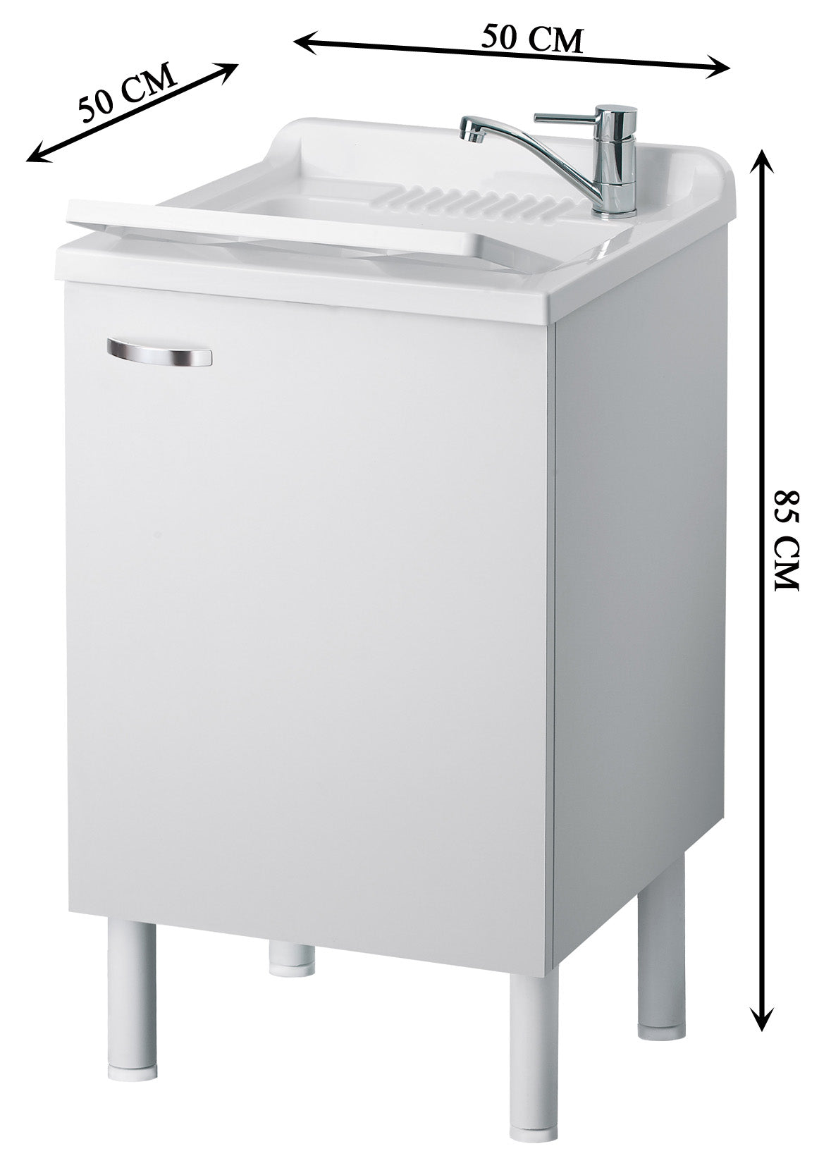 Negrari Arcobaleno Lavatoio per Interno Misura 50x50 L50 P50 H85 cm Colore Bianco Mobile Nobilitato Idrofugo Legno Sportelli Squadrati Vasca in Resina Asse Lavaggio in Polipropilene Sifone Autopulente Completo di Troppopieno Piedini Regolabili in Altezza