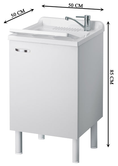 Negrari Arcobaleno Lavatoio per Interno Misura 50x50 L50 P50 H85 cm Colore Bianco Mobile Nobilitato Idrofugo Legno Sportelli Squadrati Vasca in Resina Asse Lavaggio in Polipropilene Sifone Autopulente Completo di Troppopieno Piedini Regolabili in Altezza