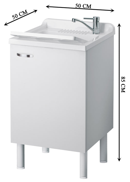 Negrari Arcobaleno Lavatoio per Interno Misura 50x50 L50 P50 H85 cm Colore Bianco Mobile Nobilitato Idrofugo Legno Sportelli Squadrati Vasca in Resina Asse Lavaggio in Polipropilene Sifone Autopulente Completo di Troppopieno Piedini Regolabili in Altezza