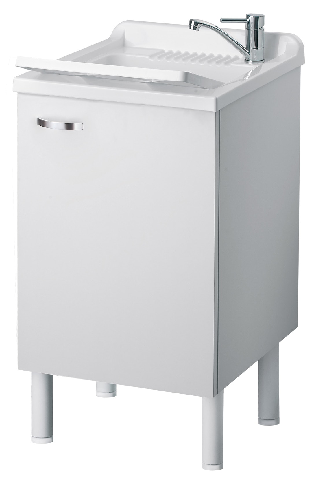 Negrari Arcobaleno Lavatoio per Interno Misura 45x50 L45 P50 H85 cm Colore Bianco Mobile Nobilitato Idrofugo Legno Sportelli Squadrati Vasca in Resina Asse Lavaggio in Polipropilene Sifone Autopulente Completo di Troppopieno Piedini Regolabili in Altezza