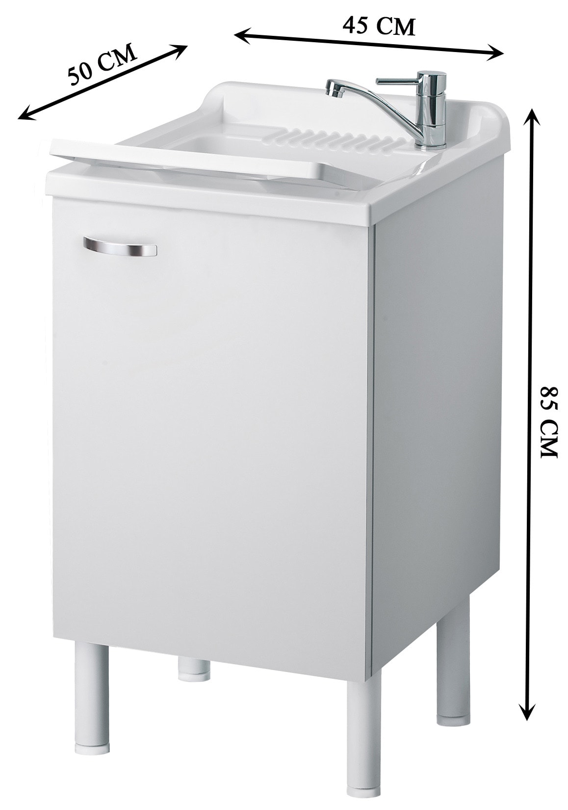 Negrari Arcobaleno Lavatoio per Interno Misura 45x50 L45 P50 H85 cm Colore Bianco Mobile Nobilitato Idrofugo Legno Sportelli Squadrati Vasca in Resina Asse Lavaggio in Polipropilene Sifone Autopulente Completo di Troppopieno Piedini Regolabili in Altezza