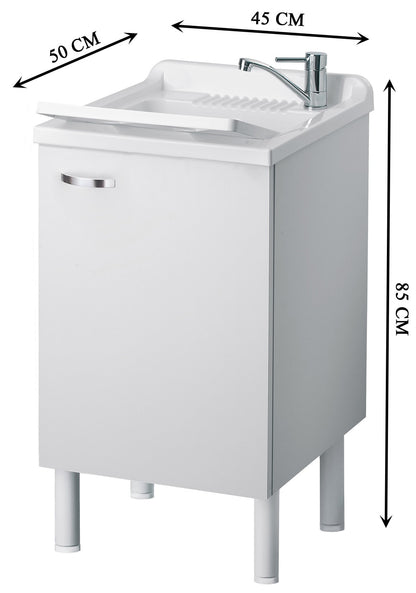 Negrari Arcobaleno Lavatoio per Interno Misura 45x50 L45 P50 H85 cm Colore Bianco Mobile Nobilitato Idrofugo Legno Sportelli Squadrati Vasca in Resina Asse Lavaggio in Polipropilene Sifone Autopulente Completo di Troppopieno Piedini Regolabili in Altezza