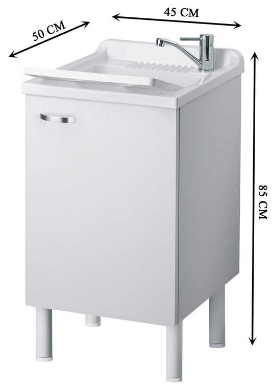 Negrari Arcobaleno Lavatoio per Interno Misura 45x50 L45 P50 H85 cm Colore Bianco Mobile Nobilitato Idrofugo Legno Sportelli Squadrati Vasca in Resina Asse Lavaggio in Polipropilene Sifone Autopulente Completo di Troppopieno Piedini Regolabili in Altezza