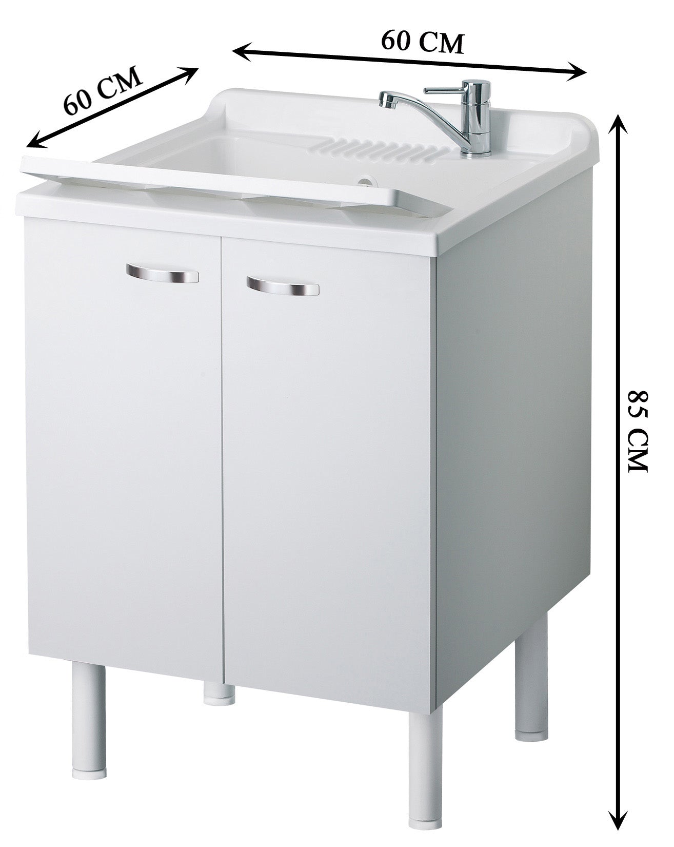 Negrari Arcobaleno Lavatoio per Interno Misura 60x60 L60 P60 H85 cm Colore Bianco Mobile Nobilitato Idrofugo Legno Sportelli Squadrati Vasca in Resina Asse Lavaggio in Polipropilene Sifone Autopulente Completo di Troppopieno Piedini Regolabili in Altezza