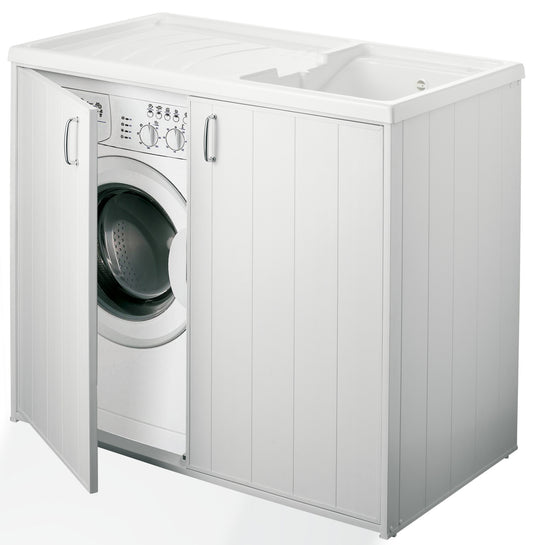 Negrari Silvestro Kit Montaggio Mobile Lavatoio Copri Lavatrice Coprilavatrice Reversibile Lavanderia Proteggi Due 2 Ante Battente Sportello Esterno Bianco Plastica Asse Lavaggio Resina Sifone Autopulente Piedini Regolabili Misura L109P60H92 109x60 H92 cm