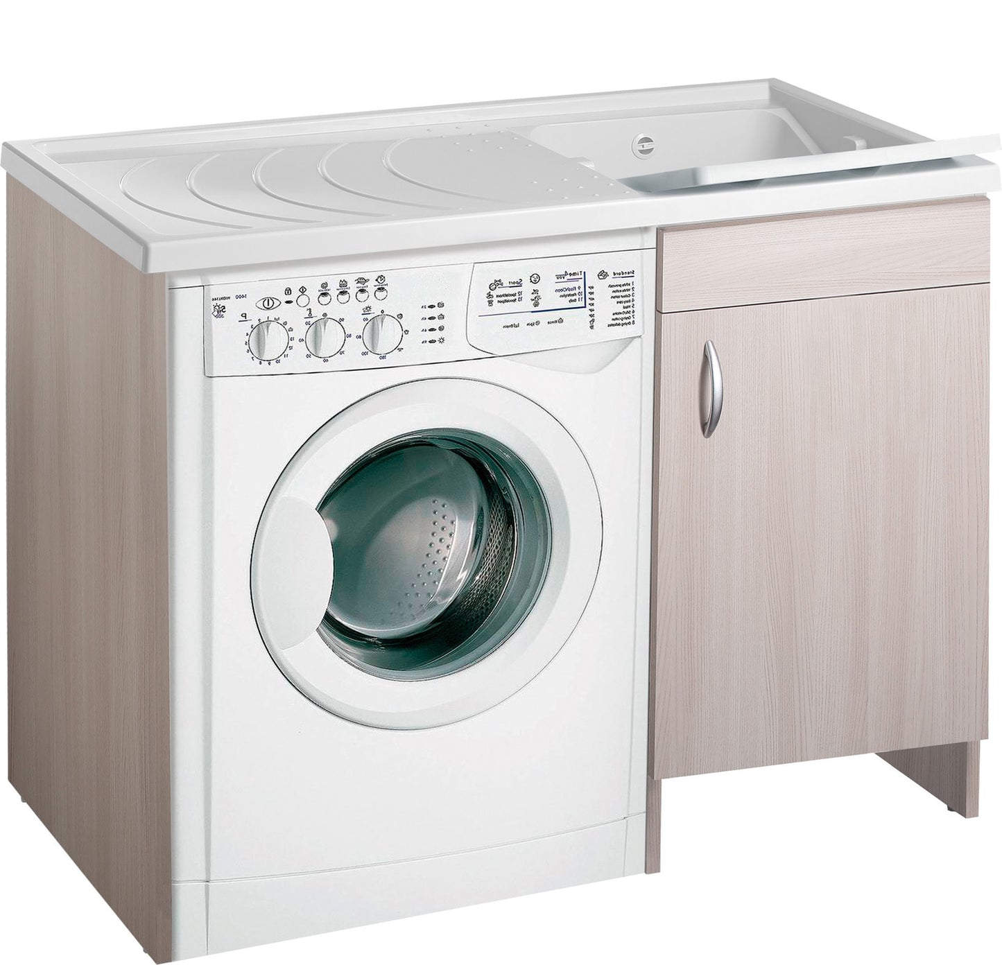 Negrari Eco Mobile Lavatoio Coprilavatrice Montato Vasca Destra DX Lavatrice Sinistra SX Colore Olmo Anta Battente Struttura Legno Nobilitato Idrofugo Vasca Asse Plastica Interno Bagno Lavanderia L109 P60 109x60 H92 cm