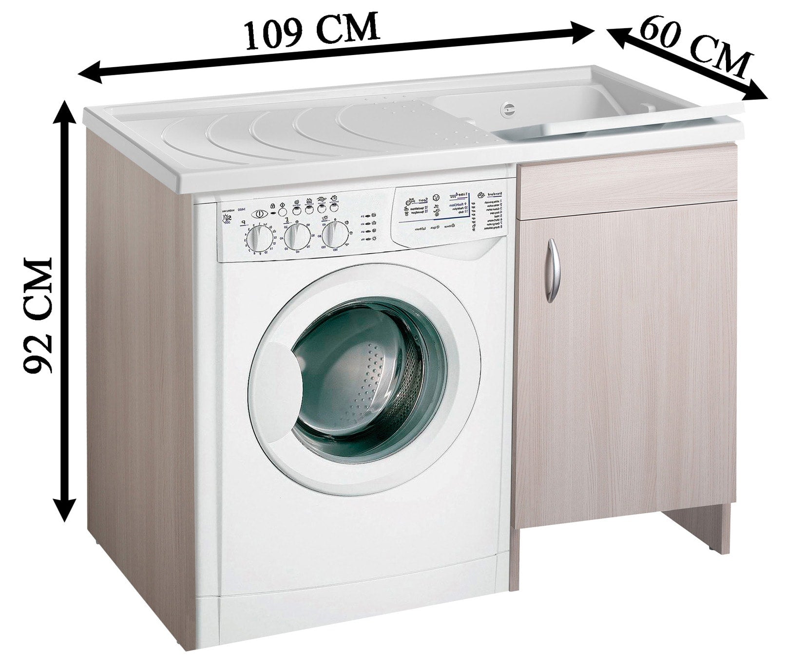 Negrari Eco Mobile Lavatoio Coprilavatrice Montato Vasca Destra DX Lavatrice Sinistra SX Colore Olmo Anta Battente Struttura Legno Nobilitato Idrofugo Vasca Asse Plastica Interno Bagno Lavanderia L109 P60 109x60 H92 cm