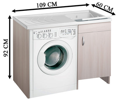 Negrari Eco Mobile Lavatoio Coprilavatrice Montato Vasca Destra DX Lavatrice Sinistra SX Colore Olmo Anta Battente Struttura Legno Nobilitato Idrofugo Vasca Asse Plastica Interno Bagno Lavanderia L109 P60 109x60 H92 cm