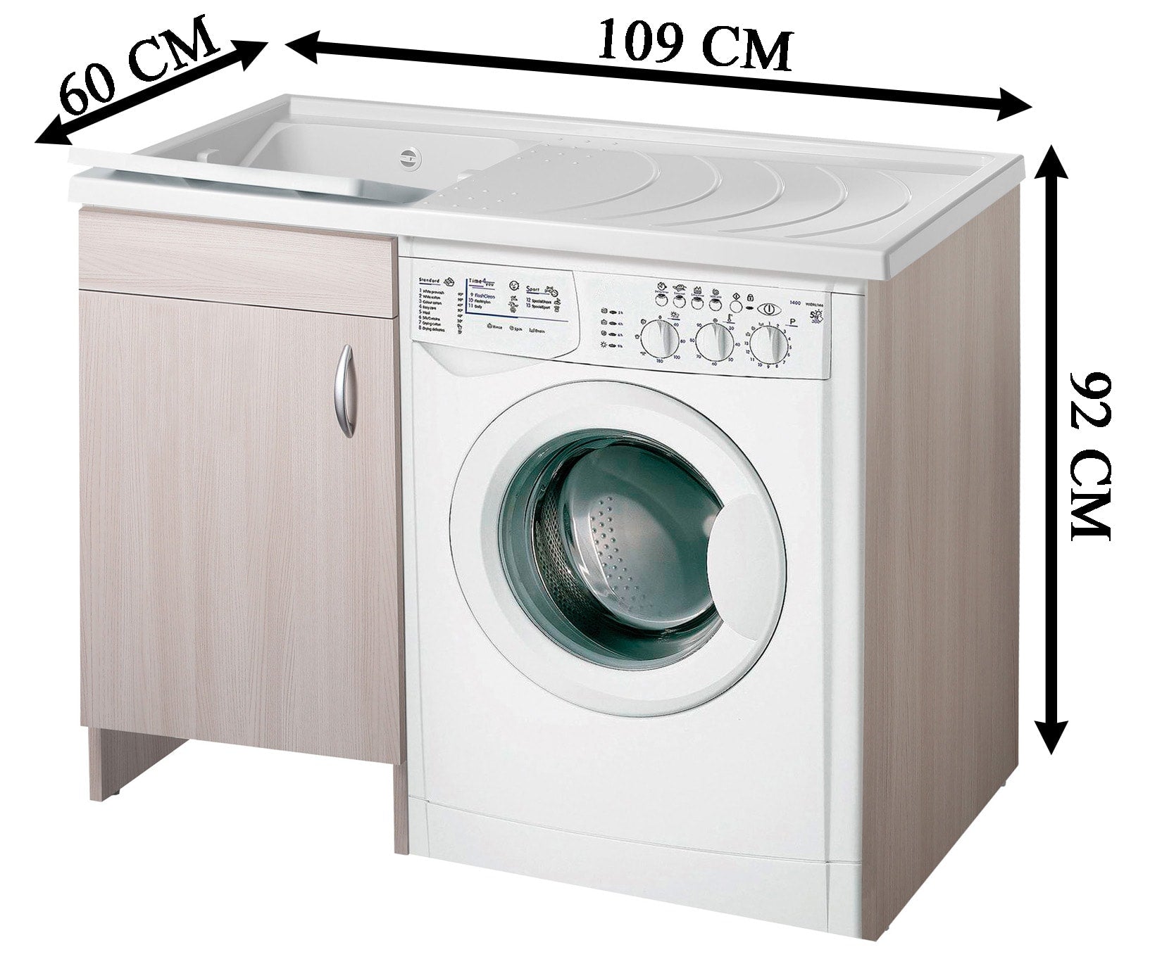 Negrari Eco Mobile Lavatoio Coprilavatrice Montato Vasca Sinistra Lavatrice Destra Colore Olmo Anta Battente Struttura Legno Nobilitato Idrofugo Vasca Asse Plastica Interno Bagno Lavanderia L109 P60 109x60 H92 cm