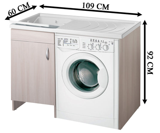 Negrari Eco Mobile Lavatoio Coprilavatrice Montato Vasca Sinistra Lavatrice Destra Colore Olmo Anta Battente Struttura Legno Nobilitato Idrofugo Vasca Asse Plastica Interno Bagno Lavanderia L109 P60 109x60 H92 cm